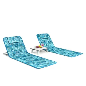 3 Pieces Beach Lounge Chair Mat Set 2 Adjustable Lounge Chairs with Table Stripe-Green