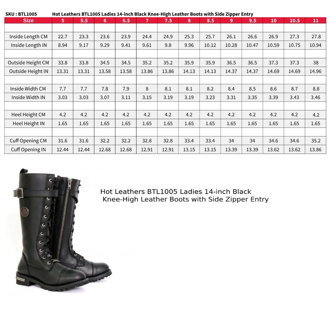 Hot Leathers BTL1005 Ladies 14-inch Black Knee-High Leather Boots with Side Zipper Entry